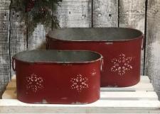 Red Distressed Oval Containers With Snowflakes (Set of 2)