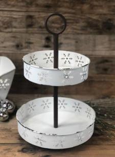 White Distressed Snowflake Laser Cut Two Tier Tray 