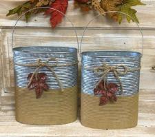 Tan Oval Buckets With Embossed Leaf Hanger (Set of 2)