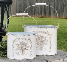 Flower Embossed Cream Distressed Oval Containers (set of 2)