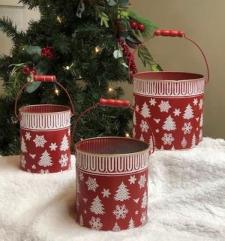 White Trees/Snowflakes Red Buckets (Set of 3)