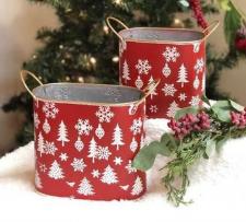 Red Oval Container w/Trees-Snowflakes (set of 2)