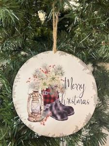 Merry Christmas Boot/Lantern Metal Round Ornament 