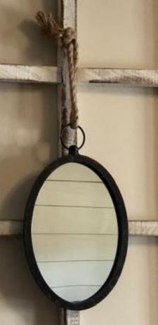 Black Distressed Frame Oval Mirror with Rope Hanger 