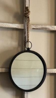 Black Distressed Frame Round Mirror with Rope Hanger 