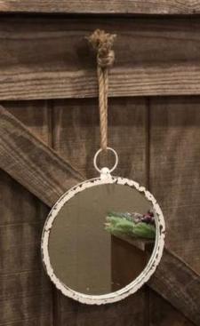 Cream Distressed Frame Round Mirror with Rope Hanger Lg