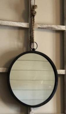 Black Distressed Frame Round Mirror with Rope Hanger 