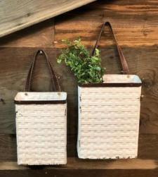 Metal Weave Hanging Containers w/Leather Strap  (Set of 2)