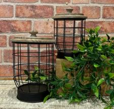 Wood Lid Black Wire Canisters (Set of 2)