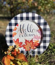 Hello Autumn Buffalo Check Fall Leaves Plate 