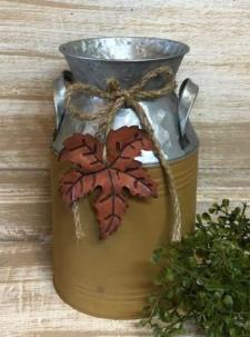 Tan Milk Can With Embossed Leaf Hanger 
