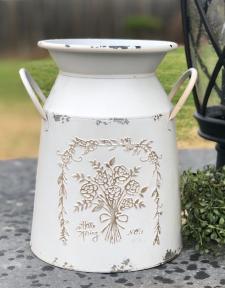 Flower Embossed Cream Distressed Milk Can 