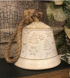 Gold Trees/Snowflakes Cream Distressed Bell With Rope Hanger
