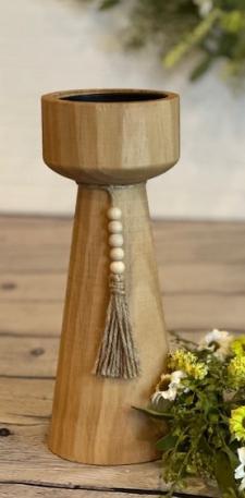 Natural Wood Pillar Candle Holder With Beads Large