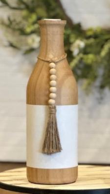 Natural/White Wood Bottle Vase With Beads