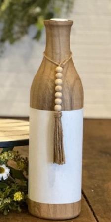Natural/White Wood Bottle Vase With Beads Large