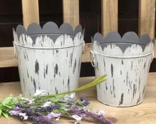 White Distressed Scalloped Buckets (Set of 2)