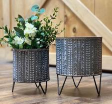Rusty Metal Planters On Stand (Set of 2)